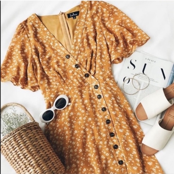 Lulus Dresses & Skirts - Lulu’s Golden Yellow Floral Print Midi Dress